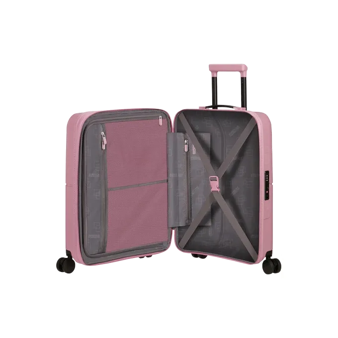 Maleta de cabina Dashpop American Tourister, detalle del cierre, cierre TSA integrado y estructura segura