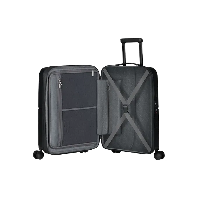 Maleta de cabina Dashpop American Tourister, detalle del cierre, cierre TSA integrado y estructura segura