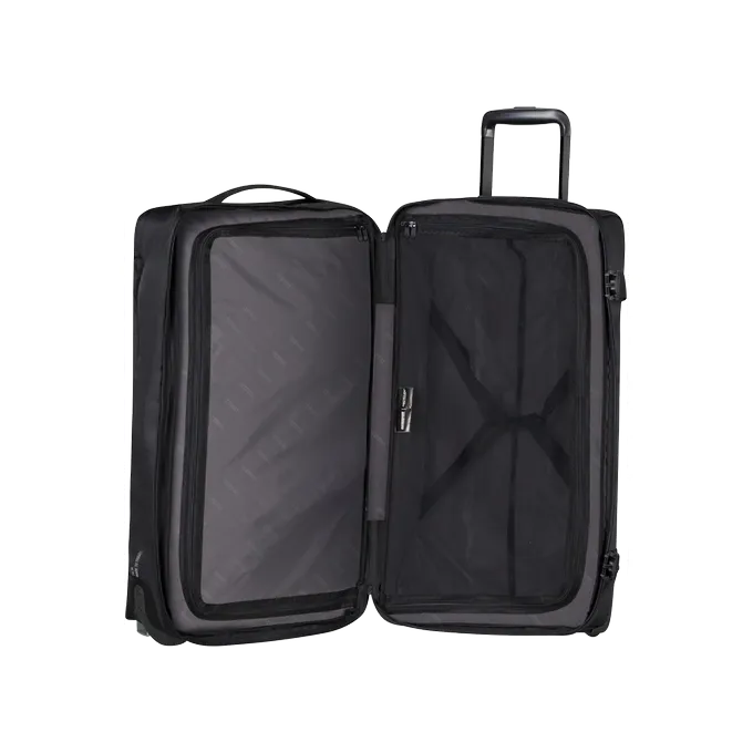 Bolsa de viaje American Tourister, detalle de ruedas, asas resistentes, formato flexible y espacio amplio