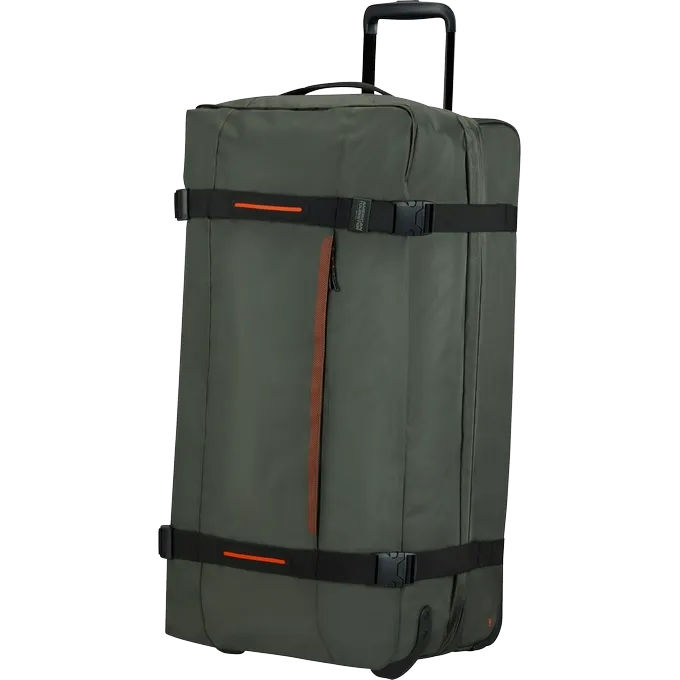 Bolsa de viaje American Tourister, detalle de ruedas, asas resistentes, formato flexible y espacio amplio