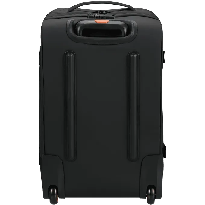 Bolsa de viaje American Tourister en color negro, detalle de ruedas, asas resistentes, formato flexible y espacio amplio