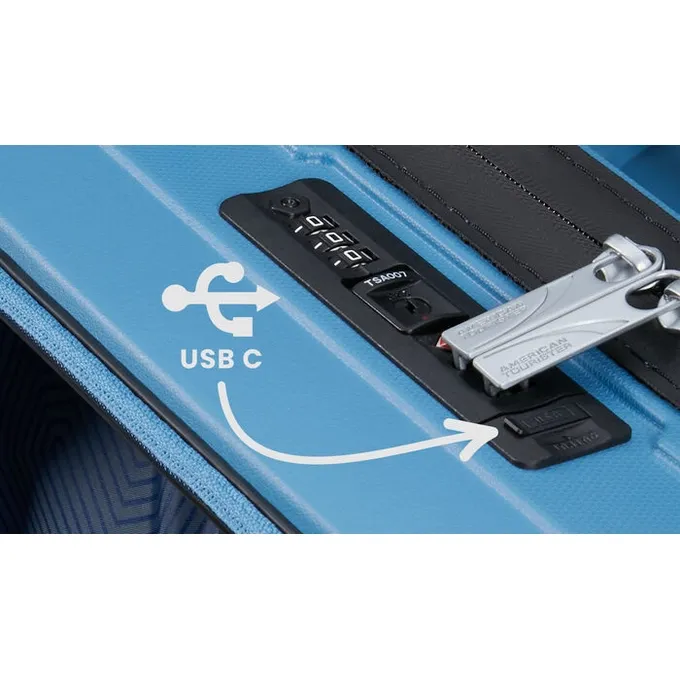 Maleta de cabina American Tourister, vista principal, carcasa rígida, ruedas 360° y diseño resistente