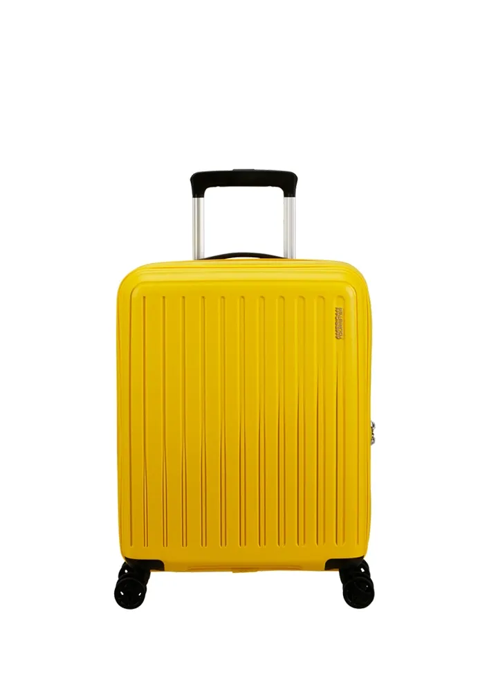 Maleta de cabina American Tourister en color amarillo, vista principal, carcasa rígida, ruedas 360° y diseño resistente