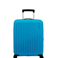 Maleta de cabina American Tourister en color azul, vista principal, carcasa rígida, ruedas 360° y diseño resistente