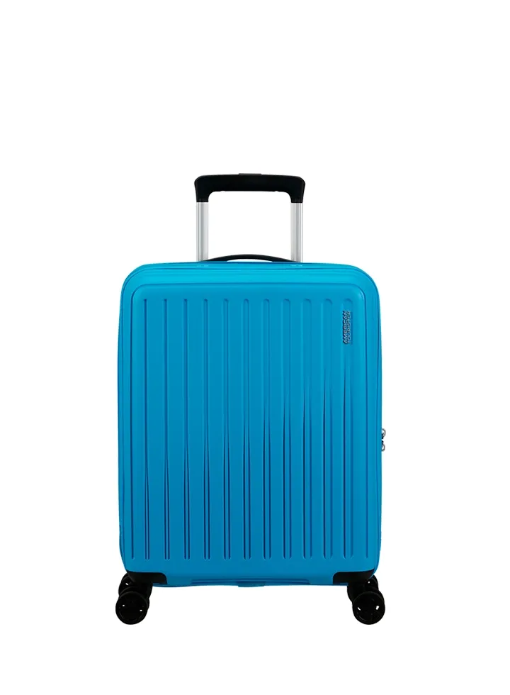 Maleta de cabina American Tourister en color azul, vista principal, carcasa rígida, ruedas 360° y diseño resistente