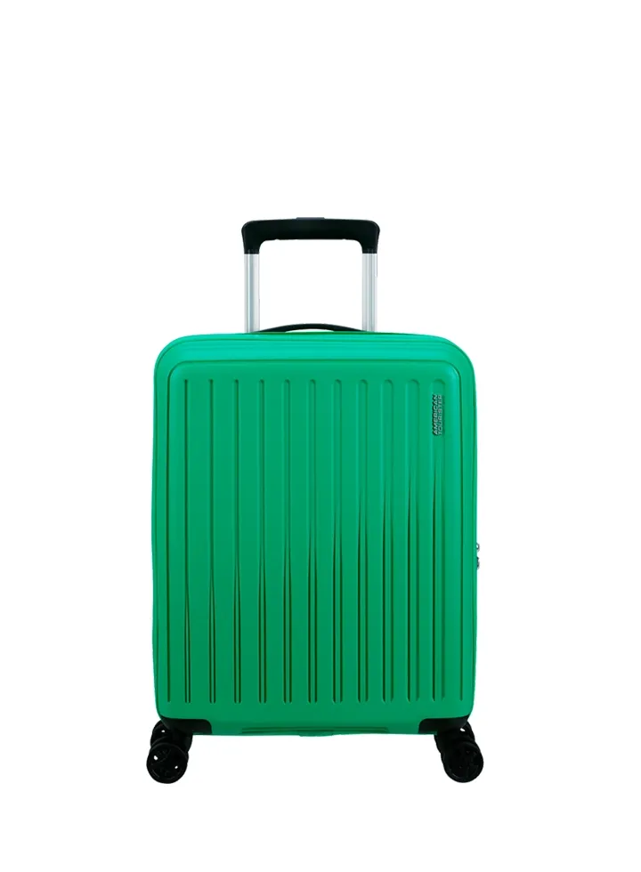 Maleta de cabina American Tourister en color verde, vista principal, carcasa rígida, ruedas 360° y diseño resistente
