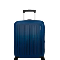 Maleta de cabina American Tourister en color azul marino, vista principal, carcasa rígida, ruedas 360° y diseño resistente
