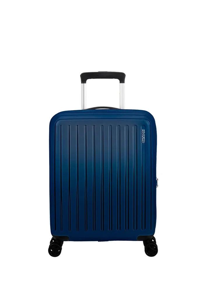 Maleta de cabina American Tourister en color azul marino, vista principal, carcasa rígida, ruedas 360° y diseño resistente