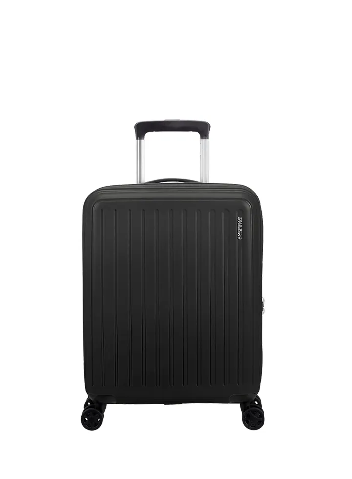 Maleta de cabina American Tourister en color negro, vista principal, carcasa rígida, ruedas 360° y diseño resistente