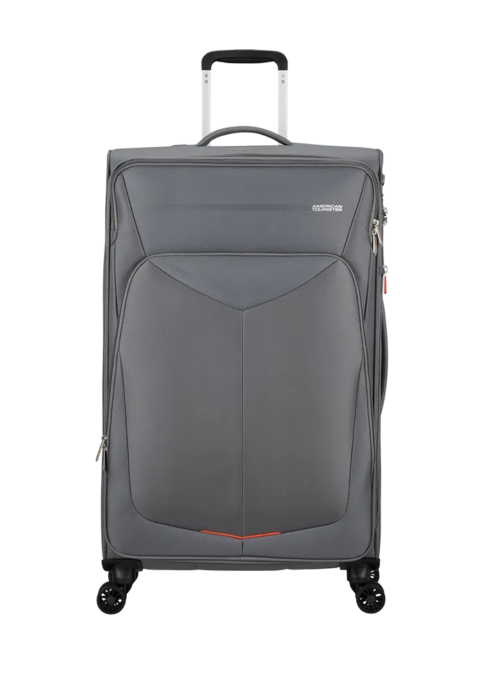 Maleta grande Summerfunk American Tourister en color gris, vista principal, carcasa rígida, ruedas 360° y diseño resistente