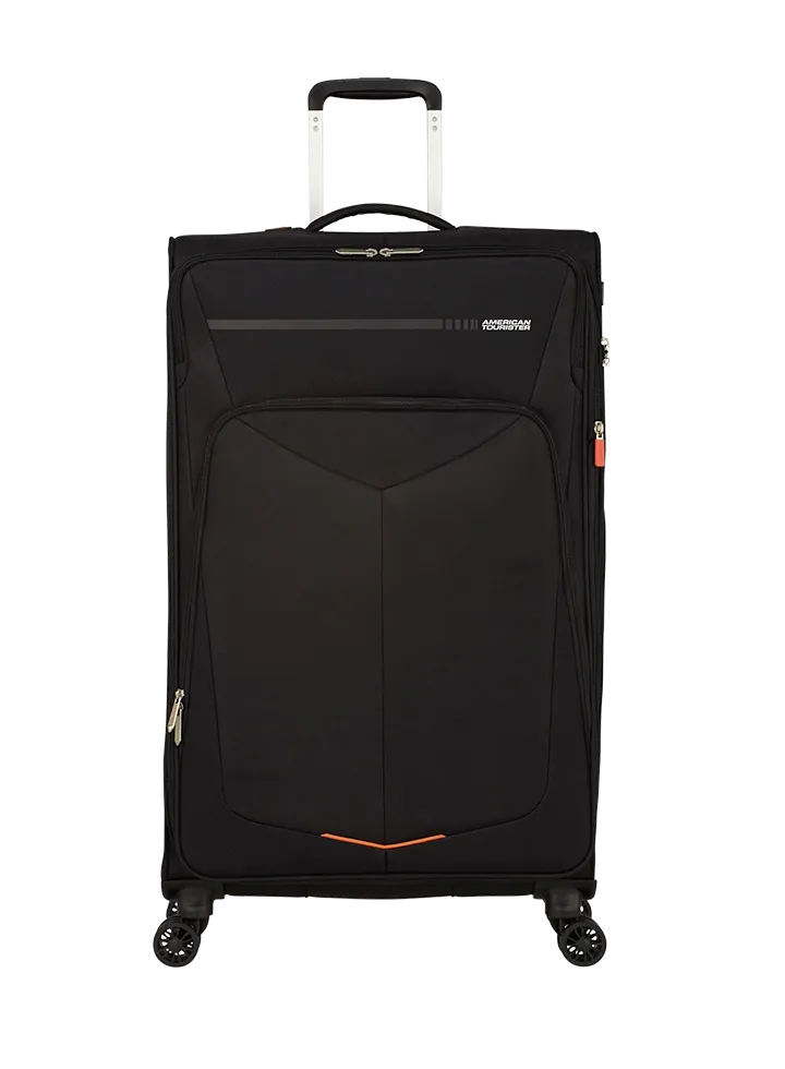 Maleta grande Summerfunk American Tourister en color negro, vista principal, carcasa rígida, ruedas 360° y diseño resistente