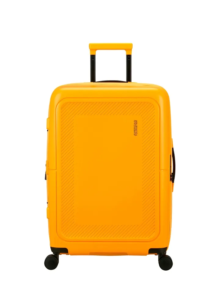 Maleta mediana Dashpop American Tourister, detalle del cierre, cierre TSA integrado y estructura segura
