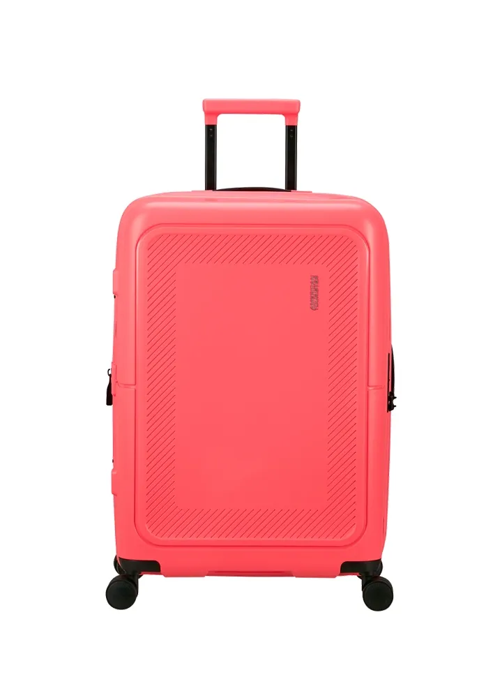 Maleta mediana Dashpop American Tourister, detalle del cierre, cierre TSA integrado y estructura segura