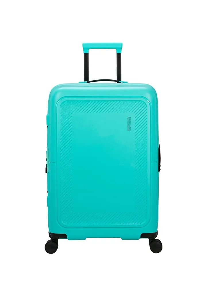 Maleta mediana Dashpop American Tourister, detalle del cierre, cierre TSA integrado y estructura segura