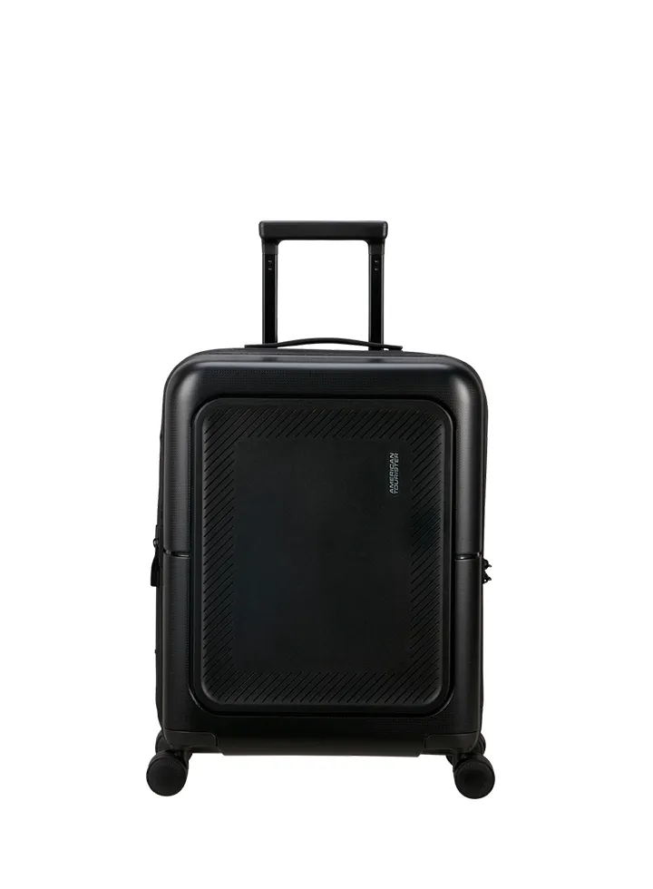 Maleta de cabina Dashpop American Tourister, detalle del cierre, cierre TSA integrado y estructura segura