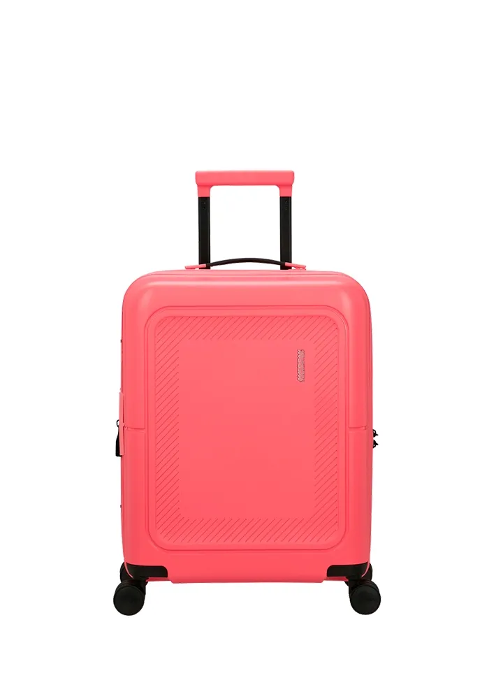 Maleta de cabina Dashpop American Tourister, detalle del cierre, cierre TSA integrado y estructura segura