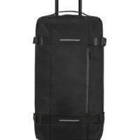Bolsa de viaje American Tourister en color negro, detalle de ruedas, asas resistentes, formato flexible y espacio amplio