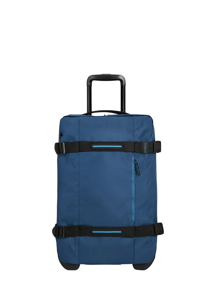 Bolsa de viaje American Tourister en color azul marino, detalle de ruedas