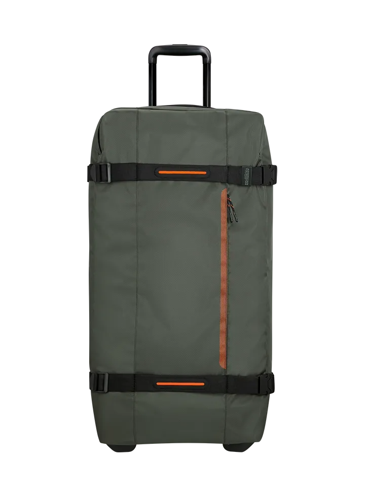 Bolsa de viaje American Tourister, detalle de ruedas, asas resistentes, formato flexible y espacio amplio