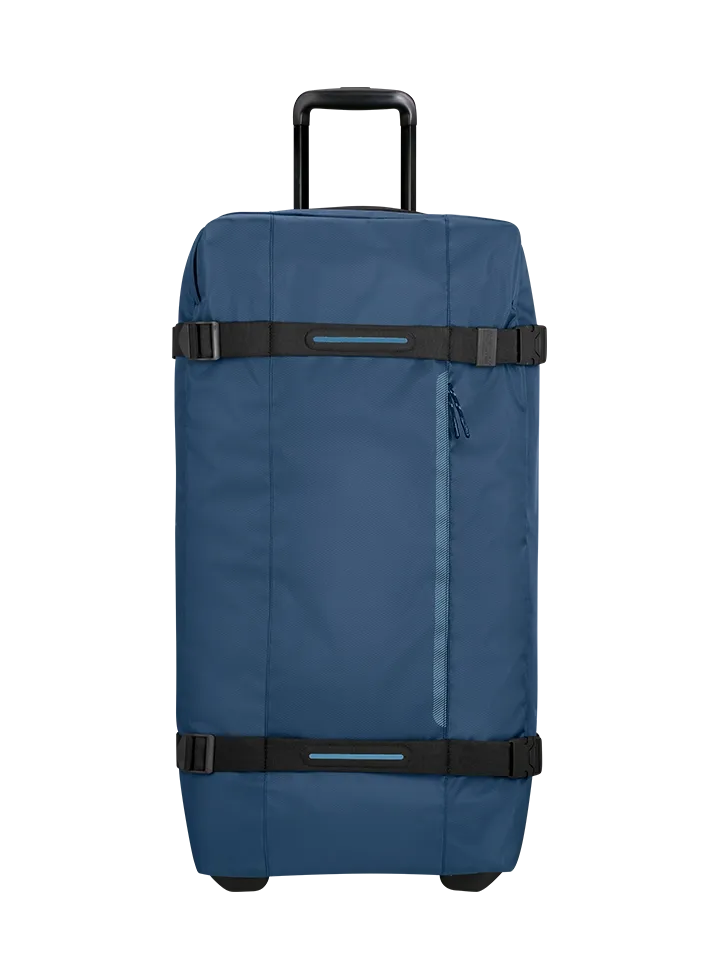 Bolsa de viaje American Tourister en color azul marino, detalle de ruedas