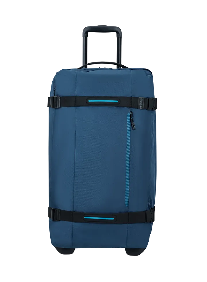 Bolsa de viaje American Tourister en color azul marino, detalle de ruedas