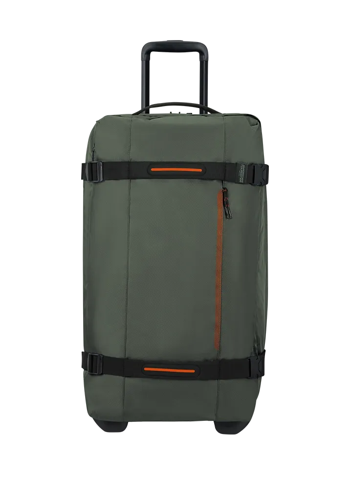Bolsa de viaje American Tourister, detalle de ruedas, asas resistentes, formato flexible y espacio amplio
