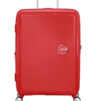 Maleta grande Soundbox American Tourister en color rojo, vista frontal, carcasa rígida, ruedas 360° y diseño resistente