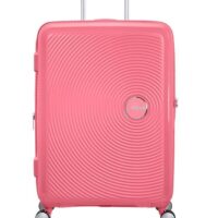 Maleta grande Soundbox American Tourister en color coral, vista frontal, carcasa rígida, ruedas 360° y diseño resistente