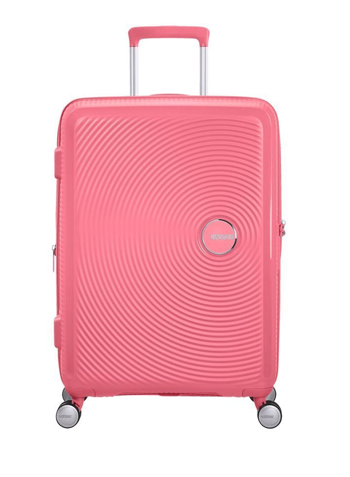 Maleta grande Soundbox American Tourister en color coral, vista frontal, carcasa rígida, ruedas 360° y diseño resistente
