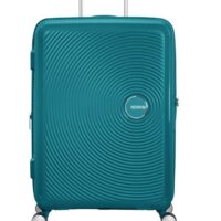 Maleta grande Soundbox American Tourister en color verde jade, vista frontal, carcasa rígida, ruedas 360° y diseño resistente