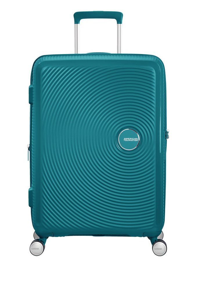 Maleta grande Soundbox American Tourister en color verde jade, vista frontal, carcasa rígida, ruedas 360° y diseño resistente