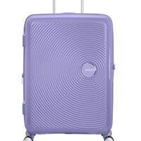 Maleta grande Soundbox American Tourister en color lavanda, vista frontal, carcasa rígida, ruedas 360° y diseño resistente