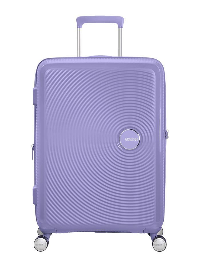 Maleta grande Soundbox American Tourister en color lavanda, vista frontal, carcasa rígida, ruedas 360° y diseño resistente