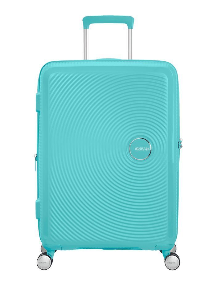 Maleta grande Soundbox American Tourister en color azul pastel, vista frontal