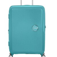Maleta grande Soundbox American Tourister en color turquesa, vista frontal, carcasa rígida, ruedas 360° y diseño resistente