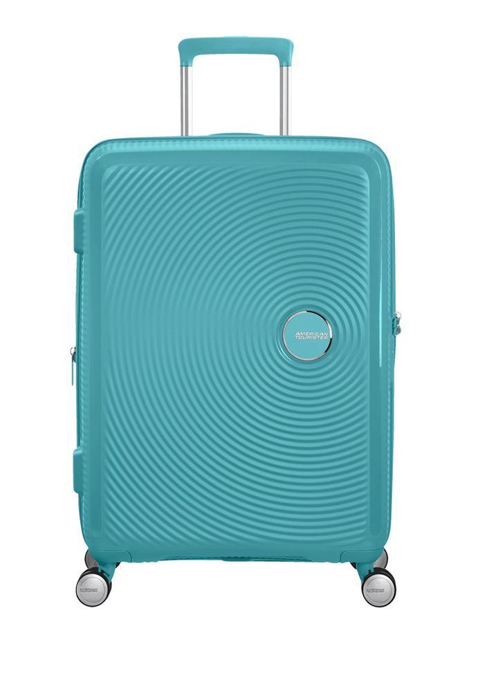 Maleta grande Soundbox American Tourister en color turquesa, vista frontal, carcasa rígida, ruedas 360° y diseño resistente