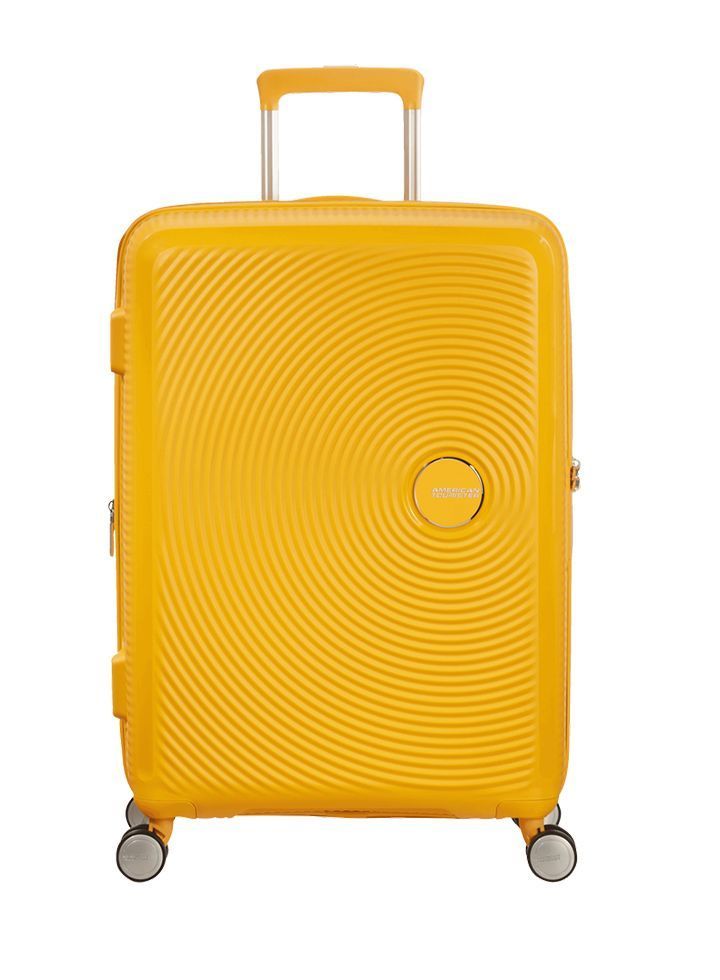 Maleta grande Soundbox American Tourister en color amarillo, vista frontal, carcasa rígida, ruedas 360° y diseño resistente