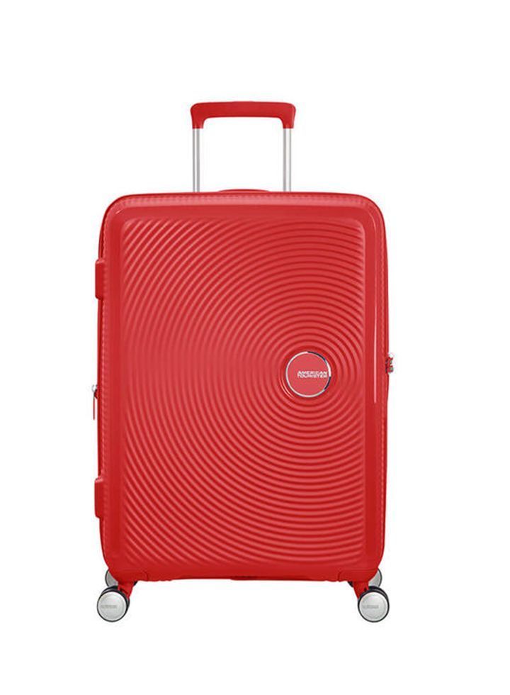 Maleta mediana Soundbox American Tourister en color rojo, vista principal, carcasa rígida, ruedas 360° y diseño resistente