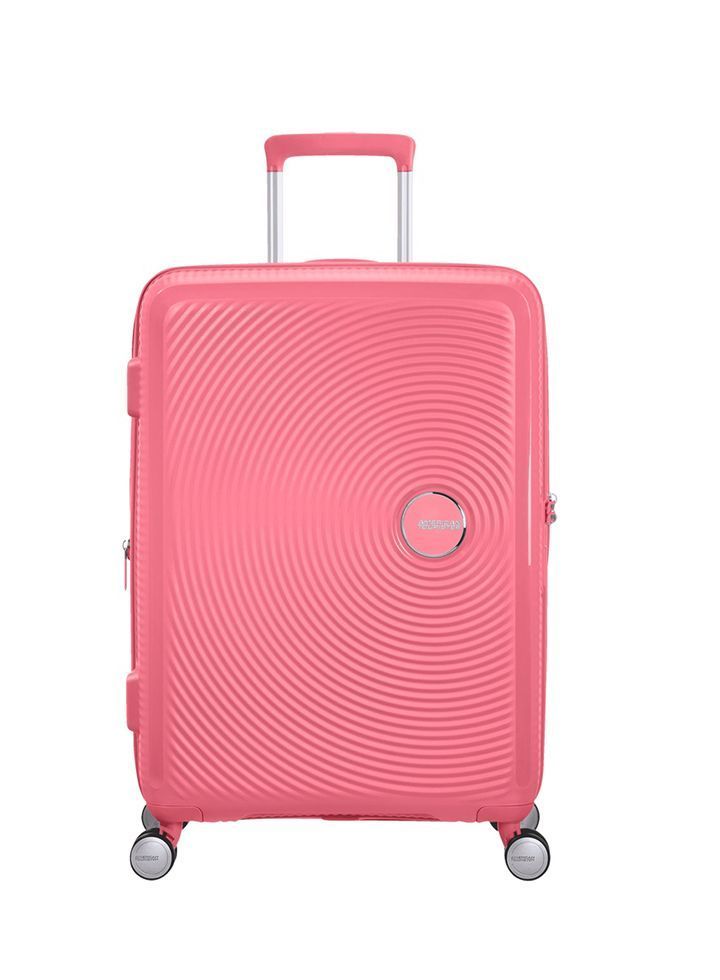 Maleta mediana Soundbox American Tourister en color coral, vista principal, carcasa rígida, ruedas 360° y diseño resistente