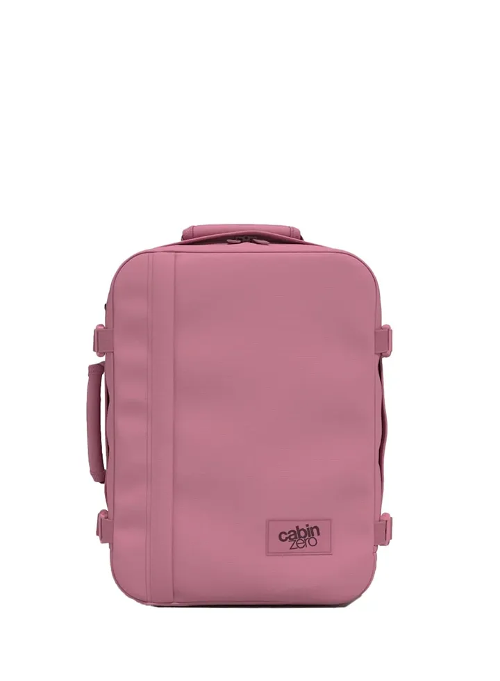 Mochila CabinZero Classic 28L Rosa Rosa, vista de producto para viaje y cabina