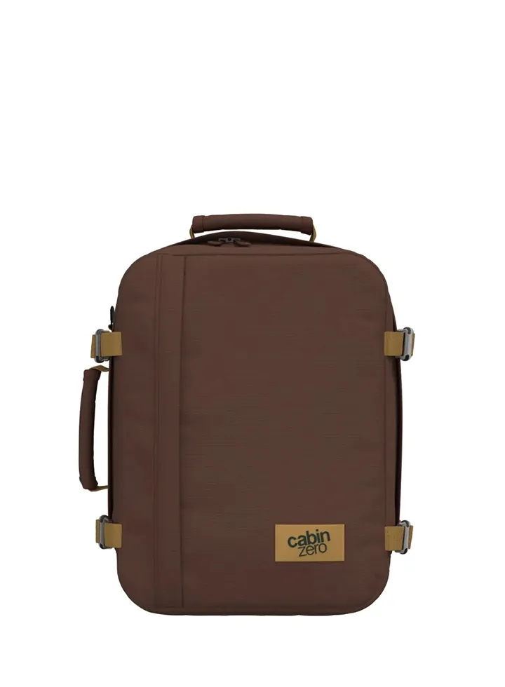 Mochila CabinZero Classic 28L Belgian Chocolate, vista de producto para viaje y cabina